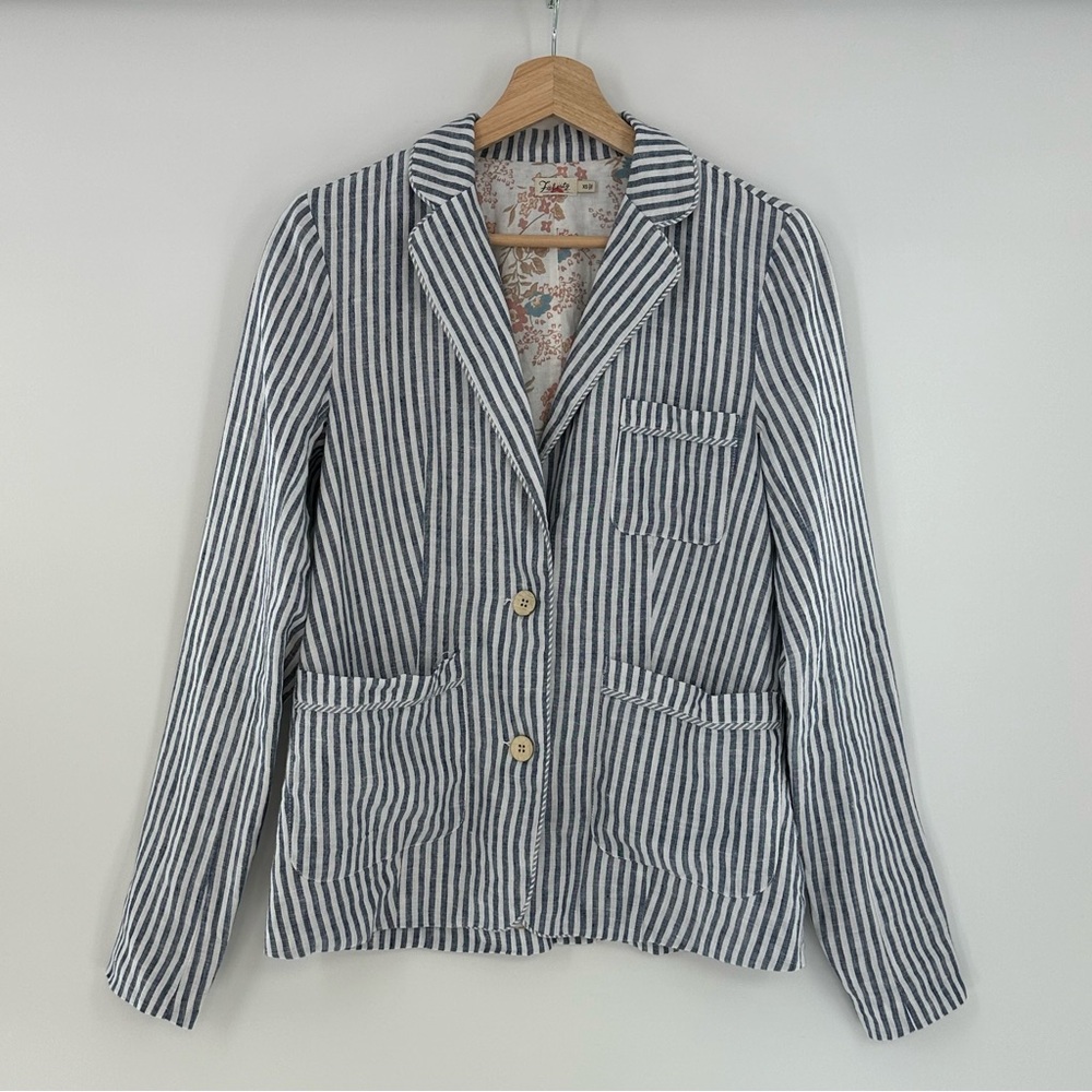 Faherty Sagaponack Cotton Linen Blazer Blue White Striped Floral Size XS